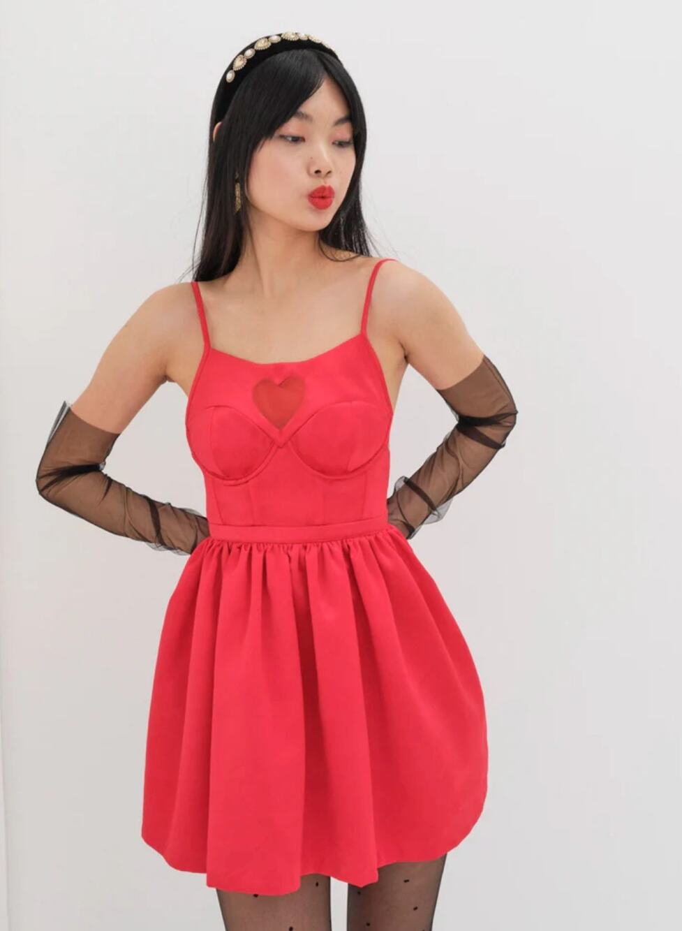 NWT For Love & Lemons Red Lauren Heart Mesh Flare Mini Dress Size Large